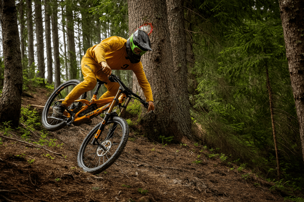 Scott Gambler downhill mountain bike in orange with Fox suspension, ridden by a biker in yellow kit navigating a rugged forest descent.