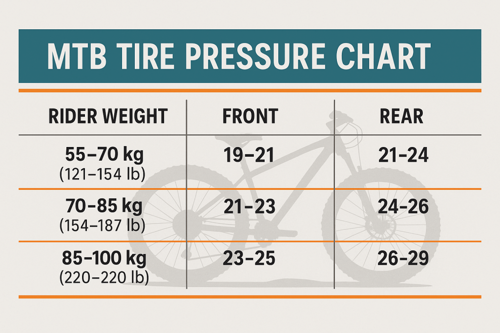 Mountain bike tire pressure chart showing recommended front and rear PSI ranges for rider weights 55–115 kg, with columns for front PSI (19–27) and rear PSI (21–32). Designed with a bike silhouette and teal/orange accents