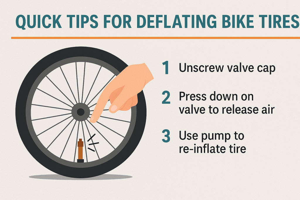 Step-by-step infographic showing how to deflate a bike tire with a Presta valve: unscrew valve cap, press down to release air, and use a pump to re-inflate. Illustrated with a hand pointing at a bicycle wheel