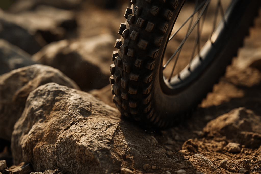 Close-up of a mountain bike tire with aggressive tread rolling over jagged rocks, showing sidewall flex and grip. Dust and small pebbles scatter in earthy trail conditions under natural light.