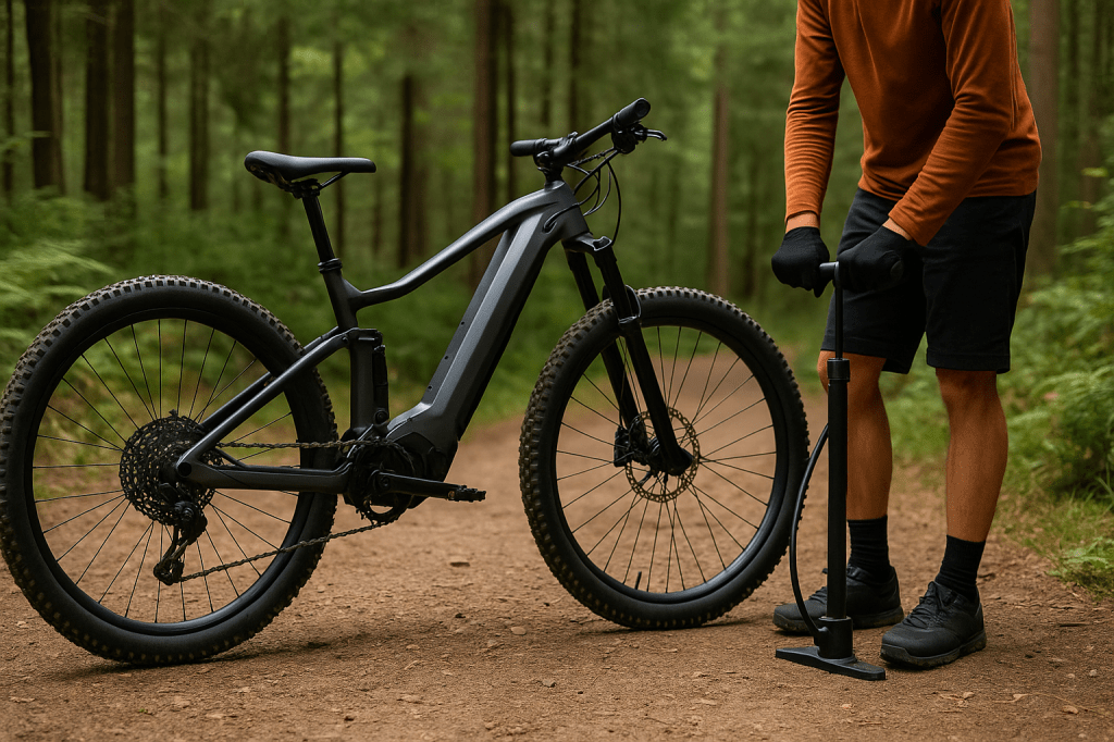 Rider inflating the rear tire of an electric mountain bike with a floor pump on a forest trail. The matte dark gray eMTB with integrated battery stands on a dirt path surrounded by green trees and ferns.