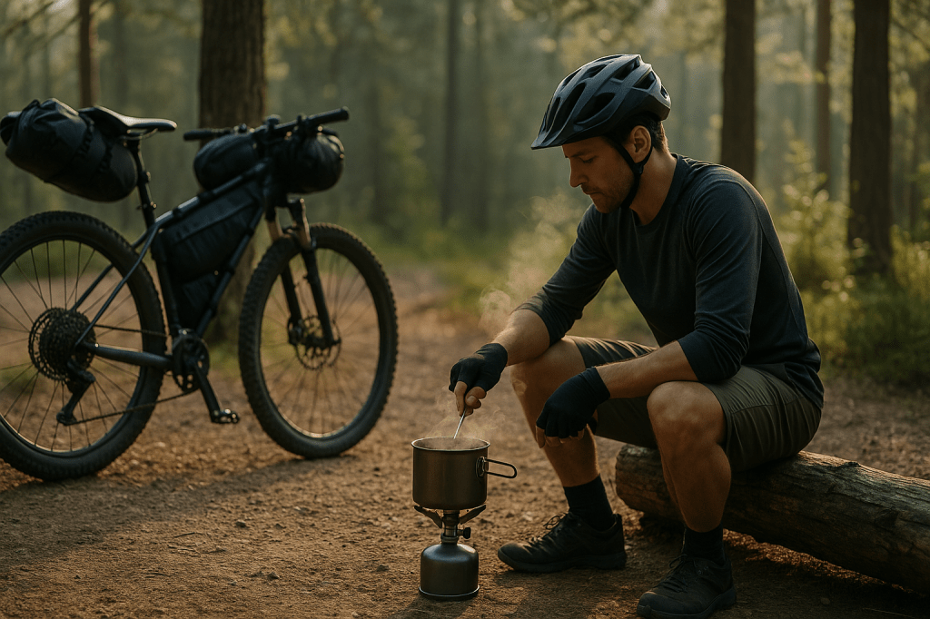 Bikepacker cooking breakfast on a compact camping stove with a titanium pot in a forest clearing at dawn. Fully loaded mountain bike with frame and seat bags leans nearby as steam rises from the pot.