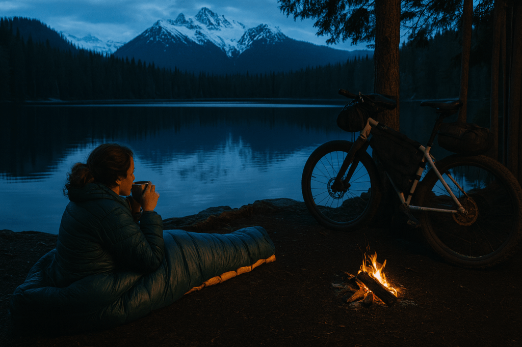 Bikepacker sitting in a sleeping bag by a mountain lake at dusk, sipping from a mug while a small campfire glows nearby. A fully loaded bikepacking bicycle leans against a tree, with snow-capped peaks reflecting in the water.