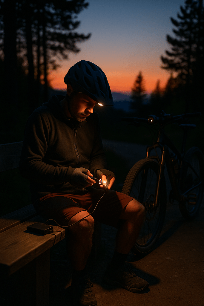 Mountain biker swapping a headlamp battery at dusk with a USB-C power bank on a trailhead bench.